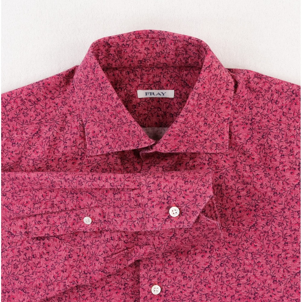 Fray Dress Shirt Mens 15.5 Pink Floral Print Spread Collar Made In Italy Luxury